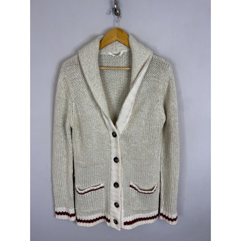 Bluenotes Cream Cabin Style Shawl Collar Cardigan Burgundy Stripe Women Large